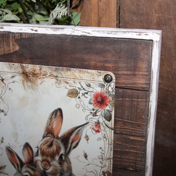 NEW Large Rustic Distressed Bunny Rabbit Pair & Wild Flower Farmhouse Wall Decor - Picture 2 of 6